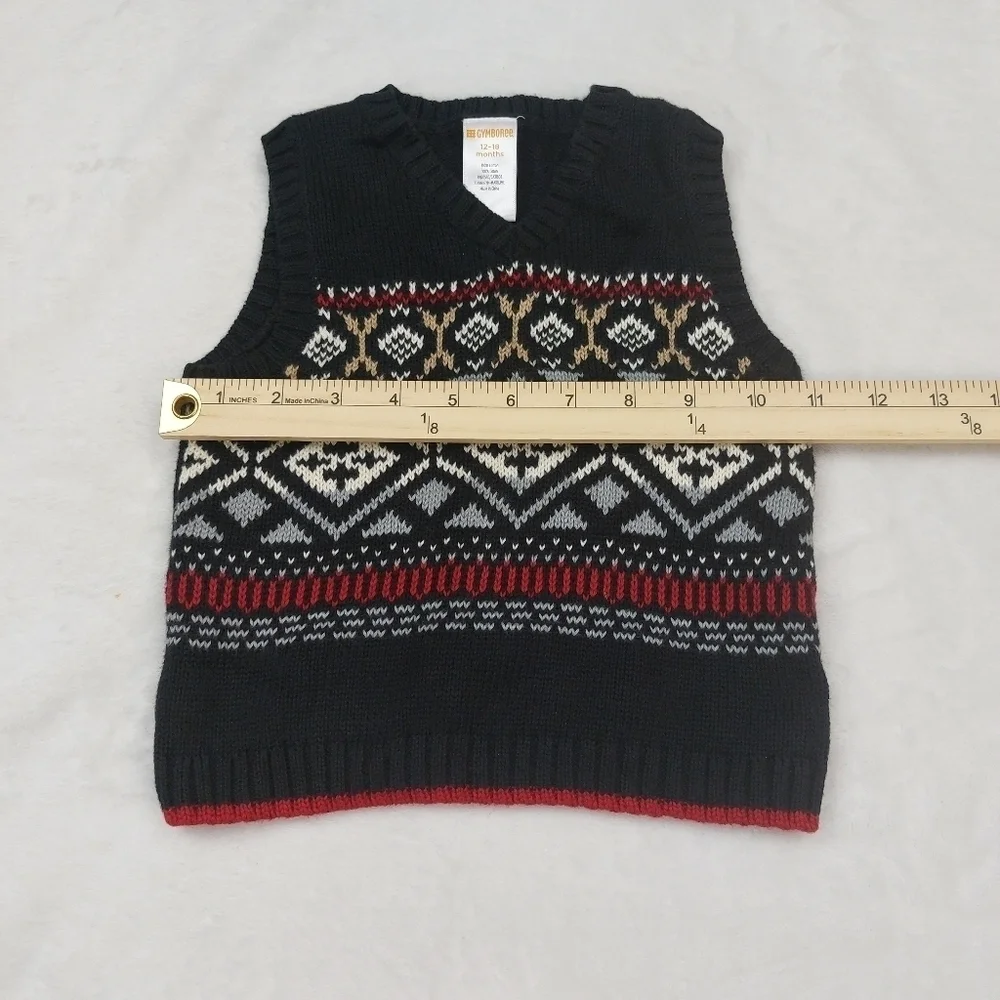 GYMBOREE BOYS BLACK RED GRAY KNIT 100% COTTON SWEATER VEST SIZE 12-18 MONTHS